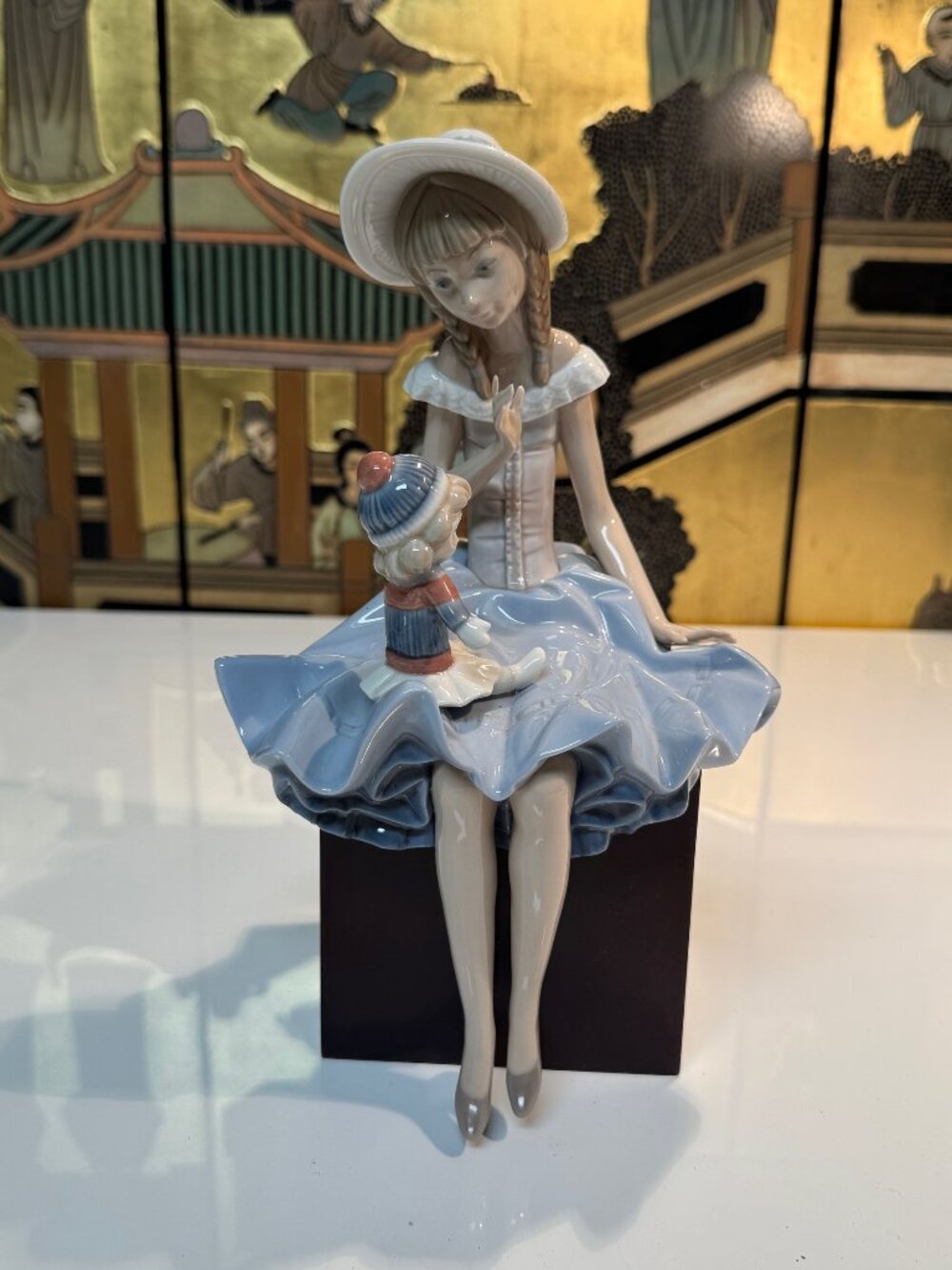 RARE - Large Llardo - Suzy and her doll on wooden pedestal